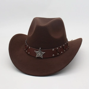 Retro dark brown wool felt western cowboy hat with studded leather band and star emblem
