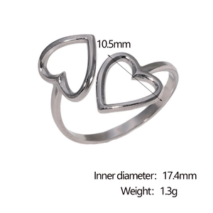 Detail view of double heart adjustable silver ring with dimensions and inner diameter