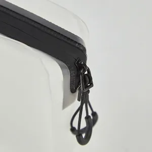 Translucent waterproof makeup bag with durable black zipper and U-shaped pull cord