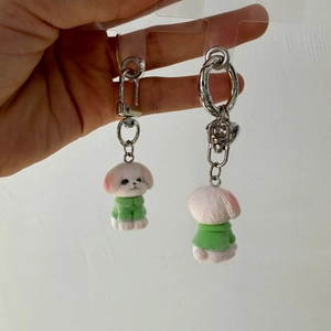 Detail of two mini flocked Bichon dog keychains in green outfits held against a wall