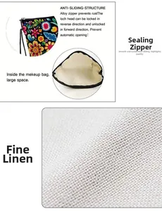 Detail view of smooth alloy zipper and fine linen fabric texture on the cosmetic bag