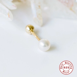 Elegant S925 sterling silver pearl stud earring with gold-plated screw back on white background