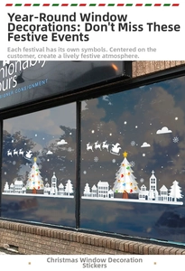 Detailed view of silver white Christmas tree and reindeer window stickers on glass storefront