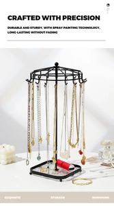 Close-up of black 18-hook rotating jewelry organizer with sturdy acrylic base