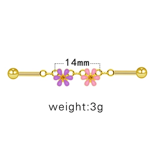 Barbell industriel avec chaîne de 14mm, fleurs violettes et roses, pesant 3g