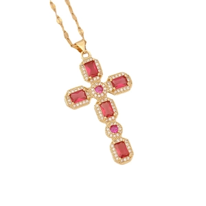 Luxury 18K gold plated copper cross necklace with red and pink zircons on white background