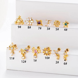 Set of 12 gold plated surgical steel cartilage studs with zircon flower and star designs
