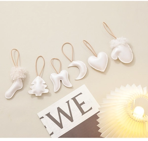 Set of 6 white leather Christmas ornaments including stars, trees, and hearts decorations