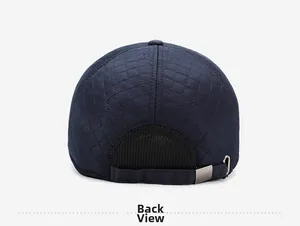 Detailed back view of navy blue quilted baseball cap with adjustable metal buckle strap