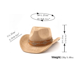 Détails du chapeau en daim kaki avec clous argentés et guide des mesures de taille
