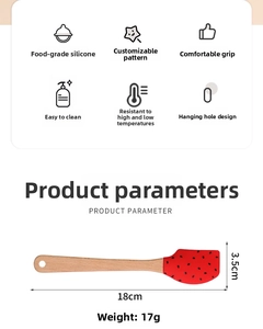 Detailed dimensions of red watermelon silicone spatula with wooden handle and hanging hole