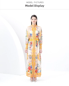 Detail of retro floral maxi dress with mandarin collar and wave-edge lantern sleeves