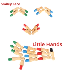 Educational wooden peg dolls arranged in smiling face and hand shapes for kids