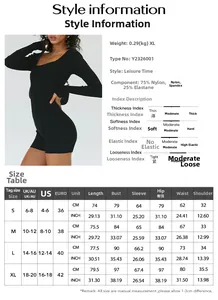 Size chart for high elastic long sleeve yoga bodysuit with detailed measurements in CM and INCH
