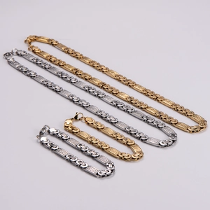 Men's hip hop chunky chain necklace and bracelet set with Greek key patterns in gold and silver