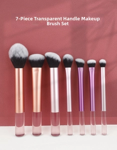 Detailed view of 7pcs makeup brushes with transparent handles and gradient metal ferrules