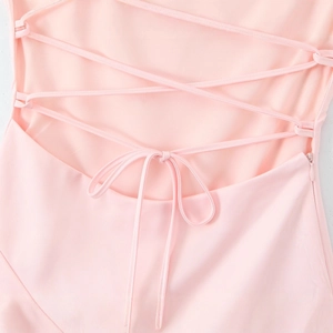 Pink French backless dress with elegant cross-tie straps and slit long skirt detail