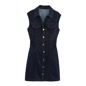 Robe Mini En Jean Sans Manches Style Américain Rétro Boutonné Coupe Ajustée Col À Revers Coutures Contrastées Vintage Pour Femmes