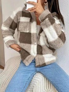 Elegant plaid plush jacket with turn-down collar and oversized fit for casual wear