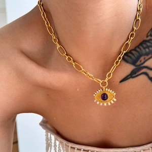 18K Gold Plated Stainless Steel Evil Eye Pendant Necklace Retro Zirconia Inlaid Bohemian Chunky Chain Jewelry For Women