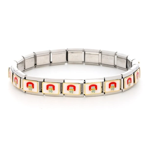 Macro shot of stainless steel modular bracelet links with colorful basketball hoop charms