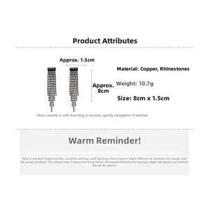 Macro view of geometric dark fringe earrings with detailed size and material specs