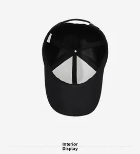 Interior view of black baseball cap showing six-panel stitching and white lining