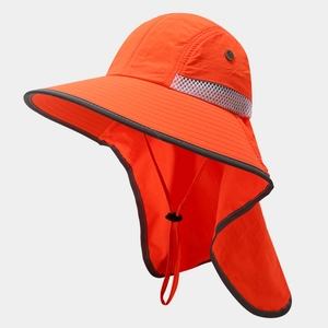 Side view detail of orange high-visibility sun hat with mesh vents and neck protection flap