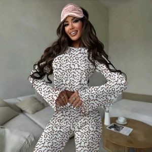 Leopard Print Women Loungewear Long Sleeve Top And Pants With Eye Mask Ribbed Knit Soft Breathable Sleepwear