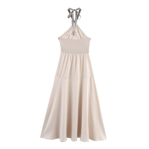 Vestito Maxi Halter Schiena Scoperta Vita Arricciata Spalline Ricamate Geometriche Linea A Boho Estate Vacanze Donne