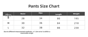 Size chart for seamless yoga pants showing waist, hip, length, and weight metrics in S, M, L