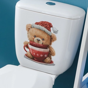 Autocollant de Noël d'ours avec bonnet rouge et tasse pour décoration de toilettes
