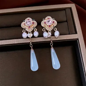 Vintage floral drop earrings with pink gems, pearls and blue resin pendants in box