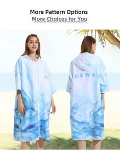 Detail view of quick-dry beach changing robe with zipper and blue marble wave print