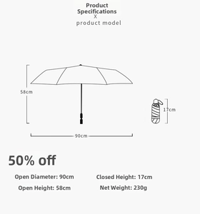 Detailed size chart of compact 5-fold umbrella showing 90cm diameter and 17cm folded height