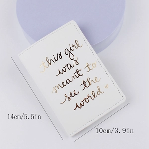 White PU leather airplane travel passport holder with gold foil quote and size indicators