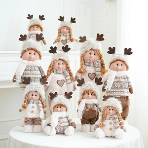 Christmas Plush Doll Ornament Knitted Fabric Faux Fur Reindeer Antlers Snowflake Pattern Desktop Home Holiday Decor