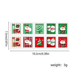 Detail showing 16.2x7.3cm Christmas stamp stickers with measurements and weight