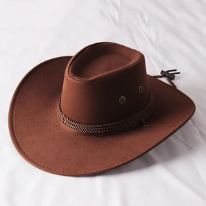 Detail view of brown suede cowboy hat with braided cord and golden ventilation eyelets
