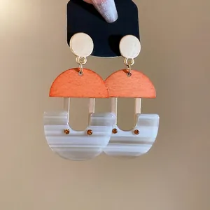 Modern U-shaped drop earrings with orange wood and striped resin, S925 silver needle