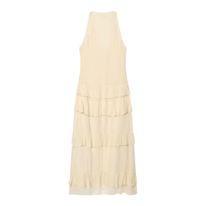 Pale yellow sleeveless tiered maxi dress with ruffled layers in lightweight chiffon fabric