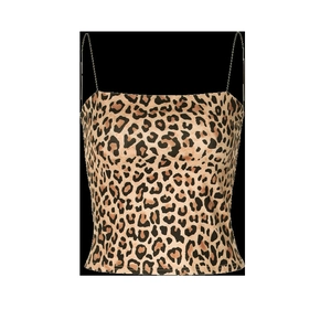 Detailed view of women's leopard print camisole with thin straps and smooth knit fabric