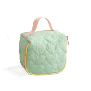 Mint green heart-quilted travel toiletry bag with pink handle and yellow zipper