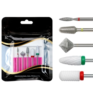Five-piece nail drill bit set with ceramic and diamond heads in a professional pouch