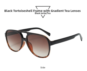 Side view of retro aviator sunglasses with black tortoise frames and gradient tea lenses