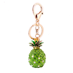 Sparkling green pineapple keychain with colorful rhinestones and golden alloy ring
