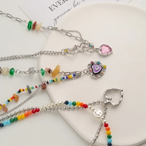 Summer dopamine colorful beaded necklaces with silver chains and heart charms for women