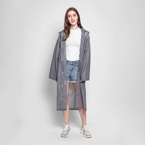 Thickened gray semi-transparent EVA hooded raincoat with white buttons for outdoor travel