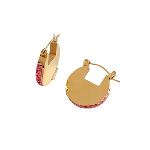 Minimalist gold hoop earrings with pink zirconia stones for women in modern round style