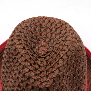 British style breathable hollow straw sun hat in dark brown with red stitching detail
